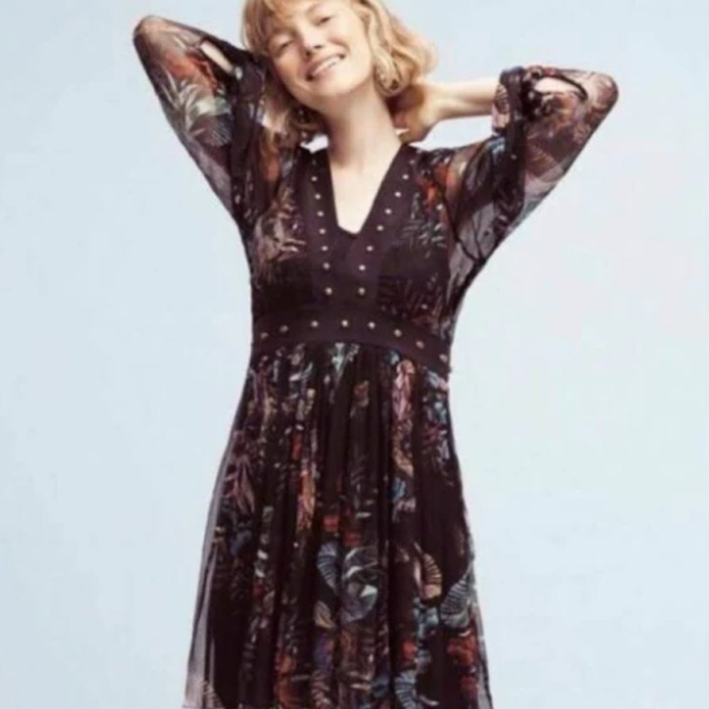 ANTHROPOLOGIE MAEVE NIGHTTIME FLORALS SHEER STUDDED DRESS BLACK